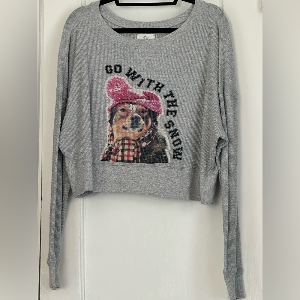 Aerie “Go with the Snow” Long Sleeve Crop Top, grey waffle-weave, size L